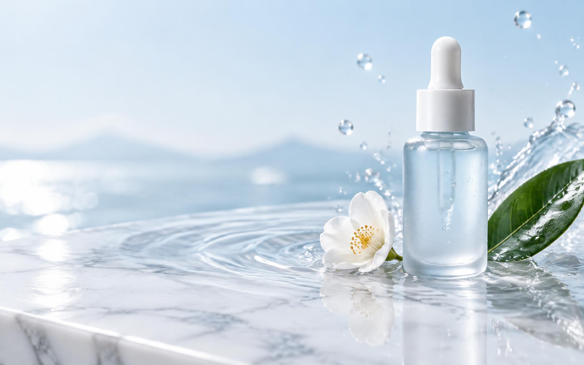 Frosted glass serum bottle on white marble surrounded by water ripples and a white blossom